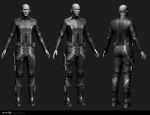  1boy 3d bald belt blender_(medium) bodysuit boots closed_mouth commentary company_logo copyright_logo copyright_name dated english_commentary eve_online from_behind full_body grey_background grey_belt greyscale gun handgun highres holster holstered lips logo long_sleeves marmoset_toolbag_(medium) maya_(medium) monochrome multiple_views nose official_art realistic science_fiction standing thigh_holster undoz weapon zbrush_(medium) 