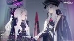  2girls ahoge artist_request black_gloves black_halo black_horns blue_archive blue_eyes buttons coat coat_on_shoulders commentary_request copyright_logo copyright_name demon_horns double-breasted evil_grin evil_smile flag gloves grey_hair grin hair_ornament hairclip halo handshake hat hina_(blue_archive) horns jacket logo long_hair looking_at_another makoto_(blue_archive) microphone military_uniform multiple_girls multiple_horns official_art parallel_hairclips parted_bangs peaked_cap pointy_ears promotional_art purple_eyes purple_jacket release_date smile translation_request upper_body very_long_hair white_gloves white_hair 
