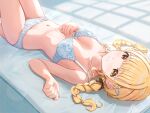  1girl blonde_hair blue_bra blue_panties bra braid breasts commentary_request fujinomiya_rio fujita_kotone gakuen_idolmaster highres idolmaster indoors knees_up long_hair looking_at_viewer lying navel on_back panties small_breasts solo twin_braids underwear underwear_only upside-down yellow_eyes 