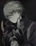  1boy black_coat black_gloves clothed_robot coat commentary demon_(megami_tensei) gloves grey_coat helmet highres izanagi_(persona_4) male_focus narukami_yu persona persona_(summon) persona_4 robot short_hair solo untranslatable_commentary yuu_nui 