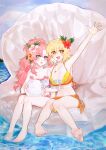  2girls a_ire absurdres artist_name ball bare_arms barefoot bikini blonde_hair breasts cagalli_yula_athha cleavage closed_mouth commentary_request flower full_body gundam gundam_seed hair_between_eyes hair_flower hair_ornament haro hibiscus highres holding holding_ball jewelry lacus_clyne long_hair medium_breasts midriff multiple_girls necklace ocean open_mouth orange_bikini orange_eyes parted_bangs pink_flower pink_hair pink_trim ponytail purple_eyes red_flower seashell shell short_hair sidelocks sitting smile swimsuit twitter_username watermark waving white_bikini 