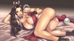  ass bare_shoulders bed breasts brown_hair fatal_fury highres huge_breasts legs lipstick long_hair long_legs lying makeup on_side open_mouth pelvic_curtain pink_eyes revealing_clothes shiranui_mai smile socha_(pixiv99744) solo the_king_of_fighters thighs 