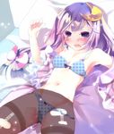  bad_id bad_pixiv_id blush bra breasts crescent crescent_hair_ornament hair_ornament kedama_milk lingerie long_hair panties panties_under_pantyhose pantyhose patchouli_knowledge purple_eyes purple_hair see-through small_breasts solo thighband_pantyhose touhou underwear underwear_only 