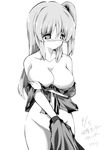  bad_id bad_pixiv_id blush bottomless breast_hold breasts fuantei greyscale groin hair_bobbles hair_ornament huge_breasts long_hair monochrome shinki side_ponytail solo touhou 