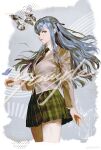  1girl absurdres bang_dream! bang_dream!_it's_mygo!!!!! black_ribbon blazer blue_hair breasts bug butterfly chinese_commentary collared_shirt commentary_request cowboy_shot diagonal-striped_clothes diagonal-striped_necktie green_necktie green_skirt grey_background grey_jacket hair_ribbon haneoka_school_uniform highres jacket long_hair long_sleeves looking_at_viewer medium_breasts miniskirt necktie parted_lips plaid_clothes plaid_skirt pleated_skirt ribbon sample_watermark school_uniform shirt sidelocks skirt solo standing striped_clothes striped_necktie togawa_sakiko two_side_up watermark weibo_watermark white_background white_shirt winter_uniform xiangnanhuai yellow_eyes 
