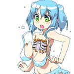  android artist_request bikini blue_hair breasts copyright_request green_eyes large_breasts lowres mecha_musume mechanical_parts non-web_source oekaki parody parts_exposed solo surprised swimsuit twintails wardrobe_malfunction 