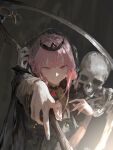  1girl arkhein black_dress black_tiara cape commentary detached_sleeves diamond_hairband dress english_commentary highres holding holding_scythe hololive hololive_english jewelry long_hair looking_at_viewer mori_calliope mori_calliope_(1st_costume) pink_eyes pink_hair red_eyes scythe skeleton smile solo spiked_cape spikes tiara veil virtual_youtuber 