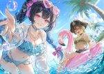  2girls ahoge ariko_(aaaaarik) bikini bikini_under_clothes black_bikini black_choker black_hair black_hat blue_bikini blue_choker blue_hair blue_shorts bow braid breasts brown_hair bubble choker cleavage colored_inner_hair crop_top crop_top_overhang day denim denim_shorts english_commentary eyewear_on_head fishnet_top fishnets frilled_bikini frills green_hair grin hair_bow hat heart heart-shaped_eyewear heart_ahoge heart_choker heart_o-ring highres inflatable_flamingo jewelry kidd-661 leaning_forward long_hair long_sleeves looking_at_viewer medium_breasts midriff multicolored_hair multiple_girls navel necklace o-ring one_eye_closed open_clothes open_fly open_mouth open_shirt outdoors outstretched_arm palm_tree pink_eyes pirate_hat see-through_clothes see-through_shirt shirt short_shorts short_sleeves shorts sitting smile standing stomach string_bikini sunglasses swimsuit thighs tree twin_braids twintails two-tone_hair very_long_hair vfleet virtual_youtuber wading water white_shirt yorki-10 