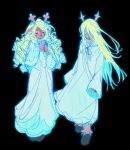  1girl absurdres animal_ears antlers black_background blonde_hair brown_eyes commentary curly_hair dark_persona deer_antlers deer_ears deer_girl deltarune dinodiiya dual_persona english_commentary furry furry_female highres hooves horns jewelry long_hair noelle_holiday noelle_holiday_(dark_world) own_hands_together ring robe straight_hair thorn_ring_(deltarune) utdr_(toby_fox) very_long_hair weird_route_(deltarune) white_robe 