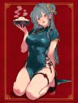  1girl aqua_dress arm_behind_back artist_name black_shoes breasts brown_eyes character_request chinese_clothes commentary_request copyright_request corrupted_twitter_file cross-laced_slit double_bun dress earrings flower_knot food full_body grey_hair hair_bun hair_ornament hand_up highres holding holding_tray jewelry kneeling lips long_hair longevity_peach_bun looking_at_viewer mandarin_collar medium_breasts okonogi_aya parted_lips pelvic_curtain qipao red_background shanghai_neckline shoes short_sleeves side_slit signature skindentation solo steam steamed_bun tassel tassel_earrings taut_clothes taut_dress thigh_strap tray yellow_trim 