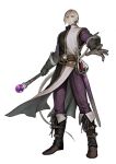  1boy arm_up belt belt_buckle black_boots black_tunic blonde_hair boots brown_belt buckle character_request closed_mouth collared_tunic commentary_request dragon_quest dragon_quest_xi full_body gloves grey_eyes grey_gloves highres holding holding_staff jacket jun_(navigavi) knee_boots long_hair long_sleeves looking_at_viewer male_focus nose pants ponytail purple_jacket purple_pants reaching reaching_towards_viewer scabbard sheath sheathed simple_background sleeveless_tunic solo staff standing sword tunic two-tone_tunic very_long_hair weapon white_background white_tunic 