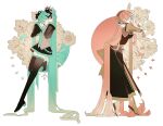  2girls absurdly_long_hair aqua_hair aqua_necktie aqua_trim black_boots black_shirt black_skirt black_sleeves boots brown_sleeves closed_eyes detached_sleeves flower full_body gold_trim grey_shirt hair_ornament hatsune_miku headset highres lace-up_boots long_hair megurine_luka miniskirt multiple_girls necktie open_mouth pink_hair pleated_skirt shirt side_slit skirt smile thigh_boots twintails very_long_hair vocaloid white_background yellow_boots zero_(jckz2334) 