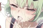  1boy 1girl blush close-up collarbone commentary_request commission cum cum_in_mouth cum_on_body cum_on_chest cum_on_hair cum_on_tongue ejaculation facial green_eyes green_hair hair_between_eyes hetero kuroisisasami medium_hair open_mouth paid_reward_available parted_bangs penis portrait projectile_cum sidelocks simple_background skeb_commission solo_focus spaghetti_strap sunna_(zenless_zone_zero) tongue tongue_out white_background zenless_zone_zero 
