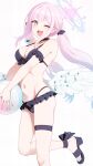  1girl :d ;d alternate_costume ball bare_shoulders beachball bikini black_bikini black_sandals blue_archive blue_hair blush breasts brown_eyes cleavage commentary_request diagonal-striped_background feathered_wings frilled_bikini frills gradient_hair halo highres holding holding_ball long_hair looking_at_viewer low_twintails low_wings medium_breasts mika_(blue_archive) multicolored_hair nagami_yuu navel one_eye_closed pink_hair sandals simple_background smile solo striped_background swimsuit twintails very_long_hair white_background white_wings wings 