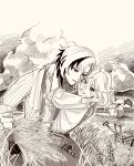  2girls ahoge arlecchino_(genshin_impact) arms_around_neck black_lute blush cloud colored_extremities commentary english_commentary farm farmer furina_(genshin_impact) genshin_impact grin heterochromia highres holding_wheat long_hair medium_hair multiple_girls outdoors overalls short_hair shovel smile symbol-shaped_pupils wheat x-shaped_pupils yuri 
