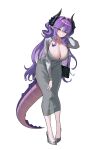  1girl absurdres bag black_bag black_horns breasts bright_pupils chinese_commentary cleavage commentary_request cropped_jacket diamond-shaped_pupils diamond_(shape) dongtan_dress dragon_girl dragon_horns dragon_tail dress fingernails full_body grey_dress grey_jacket grey_shoes grin hair_intakes hand_in_own_hair higasino3ldk high_heels highres horns jacket large_breasts leaning_forward long_fingernails long_hair long_sleeves looking_at_viewer nail_polish open_clothes open_jacket pointy_ears pumps purple_hair purple_tail red_nails sakihane_huya scoop_neck shoes shoulder_bag simple_background smile solo standing stellive symbol-shaped_pupils tachi-e tail taut_clothes taut_dress tight_clothes tight_dress very_long_hair virtual_youtuber white_background white_pupils yellow_eyes 