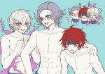  3boys :d ? absurdres ahoge aotsuki_eito black_streaks blue_background blue_eyes blue_swim_trunks chibi chibi_inset collarbone commentary_request eyes_visible_through_hair fire flat_color glasses glowing_veins grey_hair hair_over_one_eye hand_on_another's_shoulder heterochromia highres male_focus multicolored_hair multiple_boys multiple_views musical_note no_shirt pectorals pink_eyes pink_fire purple_eyes red_hair shi_gu_(sigu_69) shion_(hundred_line) short_hair simple_background smile sparkle streaked_hair sumino_takumi sweat the_hundred_line_-last_defense_academy- two-tone_hair white_eyes white_hair 