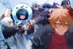  4girls 6+boys aiguillette arlecchino_(genshin_impact) artist_name ascot black_eyes black_hair black_mask blank_eyes blonde_hair blue_hair blunt_ends blush bonnet brown_hair choppy_bangs closed_eyes closed_mouth coat columbina_(genshin_impact) curtained_hair dottore_(genshin_impact) eye_mask facial_hair facing_another facing_away facing_to_the_side fatui_coat fur-trimmed_coat fur_trim genshin_impact grey_eyes grey_hair hair_ornament hair_over_one_eye hand_on_another's_chest hand_on_own_chin hat highres hug lapels long_hair looking_at_another looking_at_viewer mask multicolored_hair multiple_boys multiple_girls multiple_wings mustache open_mouth outdoors pantalone_(genshin_impact) pierro_(genshin_impact) pointy_nose pulcinella_(genshin_impact) purple_ascot purple_eyes purple_hat red_pupils round_eyewear sandrone_(genshin_impact) scaramouche_(genshin_impact) scaramouche_(harbinger)_(genshin_impact) semi-rimless_eyewear signora_(genshin_impact) smile snowing snowman_costume streaked_hair symbol-shaped_pupils tartaglia_(genshin_impact) toffy_narufy top_hat tsurime v very_long_hair white_bonnet white_coat white_eyes white_hair white_mask white_wings wing_hair_ornament wings wrist_bow wrist_wrap x-shaped_pupils 