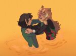  1girl 1other absurdres antlers black_hair black_shirt blonde_hair charathegay checkered_clothes checkered_sweater_vest commentary deer_antlers deer_girl deltarune english_commentary furry furry_female green_sweater_vest hand_on_another's_shoulder highres horns kris_(deltarune) long_sleeves noelle_holiday partially_submerged pushing_away red_eyes red_sweater_vest shirt short_hair smile sweater_vest two-tone_sweater_vest utdr_(toby_fox) water weird_route_(deltarune) 