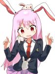  1girl animal_ears animal_on_head animal_on_shoulder black_jacket blazer blush collared_shirt commentary_request crescent crescent_pin highres jacket long_sleeves necktie on_head open_mouth pink_hair pink_skirt pleated_skirt rabbit rabbit_ears rabbit_girl red_eyes red_necktie reisen_udongein_inaba shirt simple_background skirt solo sweat touhou white_background white_shirt youseishun 