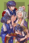  2boys 2girls absurdres alternate_costume bakanachos bath_yukata blue_eyes blue_hair blue_kimono blush brother_and_sister brown_eyes child chrom_(fire_emblem) chrom_(revitalized_fate)_(fire_emblem) eating family father_and_child father_and_daughter father_and_son female_robin_(fire_emblem) female_robin_(onsen_tactician)_(fire_emblem) fire_emblem fire_emblem_awakening fire_emblem_heroes green_background hair_rings highres holding holding_tray husband_and_wife japanese_clothes kimono long_hair long_sleeves looking_at_another lucina_(fire_emblem) lucina_(hot-spring_scramble)_(fire_emblem) male_morgan_(fire_emblem) medium_hair mother_and_child mother_and_daughter mother_and_son multiple_boys multiple_girls notice_lines official_alternate_costume official_alternate_hairstyle parent_and_child purple_kimono rubber_duck siblings standing towel towel_around_neck tray white_hair yellow_kimono yukata 