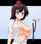  blush breasts brown_hair cleavage collarbone dress_shirt grin hat heka=ton huge_breasts looking_at_viewer open_clothes open_shirt red_eyes shameimaru_aya shirt short_hair smile solo sweat tokin_hat touhou unbuttoned 