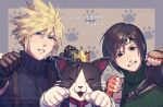  1boy 1girl armor black_shirt blonde_hair blue_eyes border brown_eyes brown_gloves brown_hair cait_sith_(ff7) cape cat chest_strap cloud_strife copyright_name crown final_fantasy final_fantasy_vii final_fantasy_vii_rebirth final_fantasy_vii_remake fingerless_gloves furrowed_brow gloves green_headband green_shirt grey_border grin hair_between_eyes headband highres mini_crown orange_gloves parted_lips pauldrons paw_pose red_cape rei_(teponea121) ribbed_shirt shirt short_hair shoulder_armor single_bare_shoulder single_pauldron sleeveless sleeveless_turtleneck smile spiked_hair suspenders sweatdrop teeth turtleneck tuxedo_cat upper_body white_gloves yuffie_kisaragi 