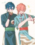  ...? 2boys alternate_costume alternate_hair_length_(longer) alternate_hairstyle aqua_eyes aqua_hair blue_hair braid chinese_clothes colored_inner_hair commentary_request eating fist_in_hand food grin highres holding holding_food long_hair multicolored_hair multiple_boys ondosaaaa pink_hair short_braid smile strange_eden tachibana_kosei_(strange_eden) yellow_eyes yurano_senri_(strange_eden) 