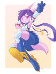  1girl ancesra animal_nose armpits arms_up artist_name bike_shorts blue_boots blue_gloves blue_skirt body_fur boots border breasts freedom_planet full_body furry furry_female gloves grin happy highres jumping knee_boots knee_pads long_hair looking_at_viewer miniskirt non-web_source orange_background outside_border outstretched_arm patreon_logo patreon_username pink_eyes pink_fur pleated_skirt purple_hair sash_lilac shirt shoe_soles simple_background skirt sleeveless sleeveless_shirt small_breasts smile snout solo split_mouth tail tassel twintails undershirt upskirt very_long_hair w watermark web_address white_border white_shirt 