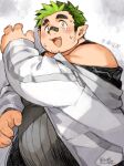  1boy bandaid bandaid_on_face bandaid_on_nose bare_shoulders belly black_hair black_shirt blush commentary_request earclip eyebrow_piercing face_piercing facial_hair fang goatee_stubble green_hair grigory_(live_a_hero) highres jacket kuro_nezumi_inu live_a_hero looking_at_viewer male_focus multicolored_hair muscular muscular_male off_shoulder open_clothes open_jacket piercing plump pointy_ears shirt short_hair sideburns_stubble solo stubble surprised sweat tank_top teardrop thick_eyebrows translation_request two-tone_hair upper_body white_jacket 