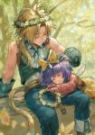  1boy 1girl aqua_ribbon bare_shoulders blonde_hair blue_pants blue_vest blue_wrist_cuffs boots bow closed_eyes collared_shirt commentary_request cropped_vest eiko_carol feet_out_of_frame final_fantasy final_fantasy_ix gloves grey_boots grey_gloves hair_bow hair_over_shoulder hand_on_another's_head head_wreath highres holding_head_wreath horns ibmiola lap_pillow light_smile low_ponytail mini_wings neck_ribbon overalls pants parted_bangs parted_lips pink_gloves pink_sweater ponytail purple_hair ribbon shirt short_hair single_horn sleeveless sleeveless_shirt sweater vest white_shirt white_wings wings wrist_cuffs yellow_bow yellow_overalls zidane_tribal 