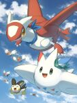  bandana bandana_around_neck bird blue_bandana claws closed_eyes cloud commentary_request day dragon emolga fletchling flying green_bandana latias makoto_ikemu no_humans open_mouth outdoors pokemon pokemon_(creature) pokemon_focus sky smile togekiss wings yellow_bandana yellow_eyes 