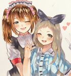  2boys :d absurdres bad_arm behind_another black_hairband blend_s blue_shirt brown_hair buttons center_frills collared_shirt commentary_request contrast_collar crossdressing crossdressing_(mtf) crossover frills gesture_request gloves green_eyes hair_between_eyes hair_ornament hair_scrunchie hairband heart height_difference highres idolmaster idolmaster_side-m kanzaki_hideri long_hair looking_at_viewer maid male_focus male_maid marker_(medium) mizushima_saki multiple_boys multiple_traps one_eye_closed open_mouth pink_scrunchie scrunchie shirt short_sleeves sidelocks simple_background smile stile_uniform teeth to_roro traditional_media trait_connection trap twintails upper_body v v-shaped_eyebrows waitress white_background white_gloves 