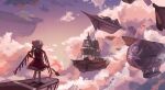  1girl absurdres aircraft airship blonde_hair cloud collared_shirt commentary_request crystal crystal_wings flandre_scarlet hat hat_ribbon highres holding holding_weapon jolly_roger laevatein_(touhou) mob_cap one_side_up red_skirt red_vest ribbon shirt skirt skirt_set solo touhou vanilla_flan vest weapon white_hat white_shirt wings 