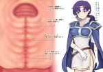  1girl absurdres armor armored_dress blue_armor blue_cape breastplate cape cervix circlet commentary_request commission cross-section curtained_hair dress fire_emblem fire_emblem:_the_binding_blade gloves highres juno_(fire_emblem) looking_at_viewer pipi20211026 pixiv_commission pointing_out_the_details ponytail purple_eyes purple_hair shoulder_armor solo translation_request white_background white_gloves 