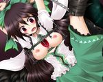  arms_up bdsm bondage bound breasts brown_hair chain leg_up medium_breasts nipples open_mouth red_eyes reiuji_utsuho shimo_(depthbomb) solo torture touhou wings 