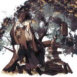  1girl ahoge_girl_(jimini_shijimi) alternate_hair_length_(longer) arm_at_side black_hat black_kimono black_pants black_shoes blush_stickers book closed_mouth collared_shirt commentary full_body grey_hair hakama hakama_pants hand_up hat highres holding holding_lantern japanese_clothes jimini_shijimi kimono lantern long_hair long_sleeves looking_at_viewer open_clothes open_kimono original outdoors pants phonograph pile_of_books shirt shoes smile solo standing tree twintails very_long_hair white_background white_shirt wide_sleeves 