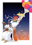  !? 1girl 2boys arms_around_another's_back balloon blonde_hair blue_eyes blue_tunic boots border breasts brown_boots chrono_trigger cloak commentary_request crono_(chrono_trigger) crown facial_hair full_body fur-trimmed_cloak fur_trim gold_necklace grey_hair headband highres holding holding_balloon jewelry king king_guardia_xxxiii long_hair marle_(chrono_trigger) medium_breasts multiple_boys mustache neck_ring neckerchief necklace open_mouth ponytail red_cloak red_hair robe romper sandals shikiwo short_hair spiked_hair tunic white_border white_headband white_robe white_romper yellow_neckerchief 