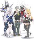  1other 2boys 2girls ahoge ambiguous_gender aurelia_academy_school_uniform bare_shoulders billy_kid billy_kid_(starlight) black_jacket black_sweater blonde_hair blue_dress breasts cissia_(zenless_zone_zero) clothed_robot commentary crossed_arms detached_sleeves dress earrings eating food full_body fur-trimmed_jacket fur_trim grey_hair hair_between_eyes hair_ornament hair_over_one_eye hand_fan highres holding holding_fan holding_food holding_ice_cream horns humanoid_robot ice_cream jacket jewelry judyfang5 large_breasts long_hair looking_at_another multiple_boys multiple_girls neckerchief necktie official_alternate_costume pointy_ears pom_pom_(clothes) pom_pom_hair_ornament pyrois_(zenless_zone_zero) red_scarf robot robot_boy scarf school_uniform short_hair simple_background smile snake_girl standing sweater tail thighhighs untranslatable_commentary velina_airgid white_background white_thighhighs wise_(oath_of_skies)_(zenless_zone_zero) wise_(zenless_zone_zero) yellow_neckerchief yellow_necktie zenless_zone_zero 