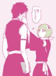  1boy 1girl arm_tattoo bandana bandana_around_neck bleach bleach:_sennen_kessen-hen commentary_request eighth_note green_hair height_difference hisagi_shuuhei holding holding_paper japanese_clothes kuna_mashiro limited_palette musical_note nanao_itsuki paper shihakusho sleeveless tattoo translation_request wide_sleeves 