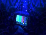  blue_theme bubble caustics commentary cracked_screen english_commentary highres hummer5718 jeliesandstars no_humans television test_card the_search_for_the_leviathan underwater 