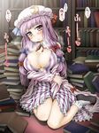  :&lt; aru_ra_une blush book breasts cleavage crescent hat highres large_breasts long_hair patchouli_knowledge purple_eyes purple_hair pussy_juice ribbon solo sweat touhou 