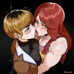  2girls abella_(fear_&amp;_hunger) absurdres artist_name bare_arms bare_shoulders bazazel1 black_background black_sweater blonde_hair bomber_jacket breast_press breasts brown_jacket comic_sans commentary english_commentary fear_&amp;_hunger_(series) fear_&amp;_hunger_2:_termina french_kiss grey_eyes highres jacket karin_(fear_&amp;_hunger) kiss large_breasts long_hair low-tied_long_hair mole mole_on_shoulder multicolored_hair multiple_girls muscular muscular_female overalls red_hair roots_(hair) simple_background sweat sweater tongue twitter_username yellow_overalls yuri 