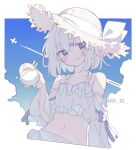  1girl aircraft airplane bikini blush collarbone commentary cup detached_sleeves hair_ornament hairclip hat highres holding holding_cup navel original parallel_hairclips purple_eyes ribbon smile snnm_m solo straw_hat swimsuit tongue tongue_out untranslatable_commentary white_bikini white_ribbon 