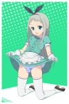  1boy :3 :d adjusting_skirt anime_coloring apron ass_visible_through_thighs black_hairband black_trim blend_s blue_panties border bow bow_hairband bow_panties brown_shoes bulge center_frills clothes_lift collared_shirt commentary_request contrast_collar crossdressing crossdressing_(mtf) frilled_apron frills fugetsu_taku full_body gloves green_background green_eyes green_shirt green_skirt grey_hair hairband halftone halftone_background high_heels highres kanzaki_hideri kneeling lifting_own_clothes long_hair long_sidelocks looking_at_viewer male_focus miniskirt open_mouth panties panty_bulge pinch_grip pleated_skirt polka_dot polka_dot_panties puffy_short_sleeves puffy_sleeves pumps shirt shoes short_sleeves sidelocks skirt skirt_lift smile solo stile_uniform thighhighs trap underwear variant_set very_long_hair waist_apron white_apron white_border white_bow white_gloves white_thighhighs 