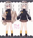  1girl a-pose ahoge argyle_clothes argyle_shawl bespectacled black_sweater blush border bow braid breasts brown_hat brown_shawl brown_shoes brown_skirt cable_knit character_logo character_name closed_eyes closed_mouth commentary_request crossed_bangs curved_horns fang full_body glasses gradient_eyes grey_hair hair_between_eyes hair_bow hanasaki_ayame hanasaki_ayame_(artist) hat highres horns indie_virtual_youtuber knees lace-trimmed_skirt lace_background lace_trim long_hair long_sleeves miniskirt multicolored_eyes official_alternate_costume official_alternate_hairstyle official_art open_mouth ornate_border outline pink_eyes plaid_clothes plaid_skirt purple_eyes reference_sheet ribbon round_eyewear self-portrait shawl shoes skirt sleeves_past_wrists small_breasts socks standing stole sweater turtleneck turtleneck_sweater twin_braids virtual_youtuber white_background white_outline yellow_ribbon yellow_socks 