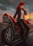  1girl absurdres black_boots black_jacket boots breasts brown_eyes character_name cigarette collar commission commissioner_upload full_body hair_over_one_eye highres jacket leaning_against_motorcycle long_hair looking_to_the_side medium_breasts mole mona_mona_(loneshadowstar) motor_vehicle motorcycle non-web_source open_clothes open_jacket original red_hair shirt smoking solo spiked_collar spikes tamafry tomodachi_life tomodachi_life:_living_the_dream white_shirt 
