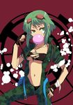  bad_id bad_pixiv_id bokura_no_16bit_warz_(vocaloid) bubble_blowing chewing_gum dog_tags fingerless_gloves gloves goggles goggles_on_head green_eyes green_hair gumi hiiro_(kikokico) midriff short_hair solo strapless torn_clothes tubetop uniform unzipped vocaloid 