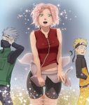  2boys absurdres bike_shorts blonde_hair forehead_protector foton-ike haruno_sakura hatake_kakashi highres multiple_boys naruto naruto_(series) pink_hair short_hair thigh_gap uzumaki_naruto wind wind_lift 