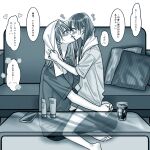  2girls absurdres blush cellphone commentary_request couch cup cushion earrings eye_contact glass_table greyscale highres hug indoors jewelry kiss kurage_(yssk_pnd) long_hair looking_at_another monochrome multiple_girls original phone shirt smartphone speech_bubble stud_earrings table towel towel_around_neck towel_on_head translation_request yuri 